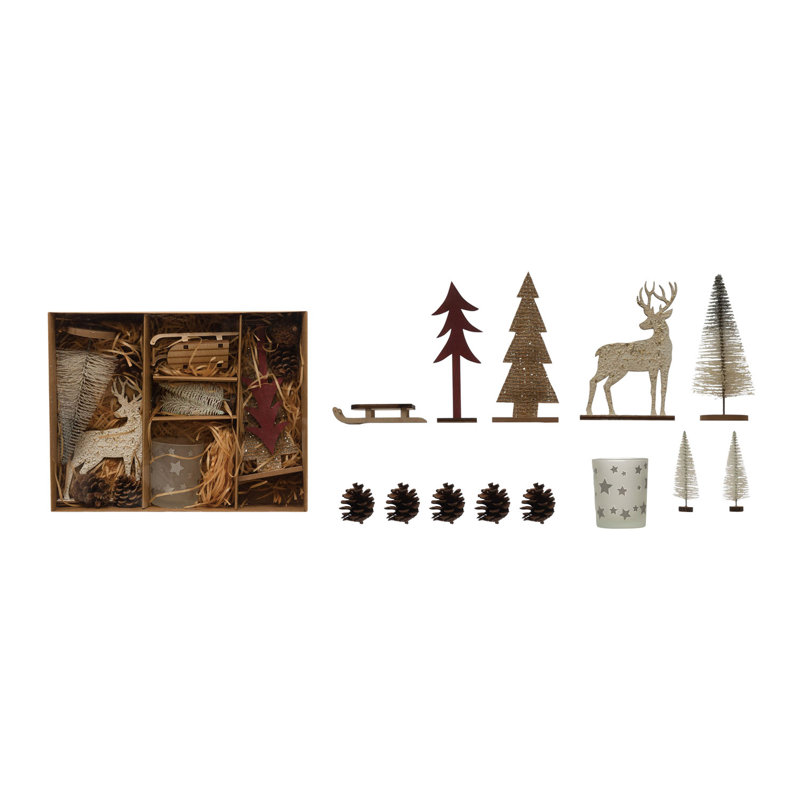 Candle Garden Kit With Bottle Brush Trees, Tealight, Pinecones And Wood Figures
