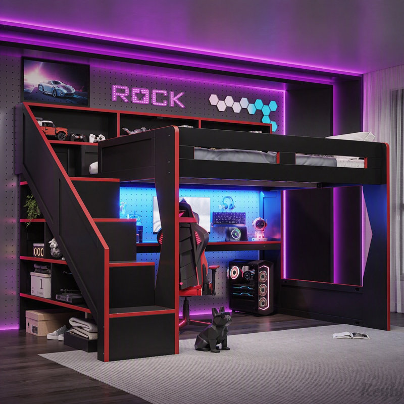 Lit mezzanine de jeu avec escalier de rangement et bureau à DEL, Grand lit, Noir et rouge