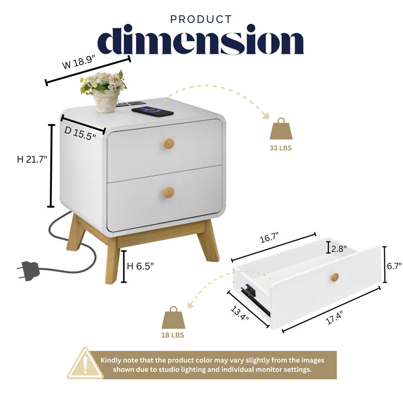 Downall 2 Drawer Nightstand with Charging Station, Bedside Table with Storage Drawers, Night Stand for Bedroom, End Table or Side Table for Living Room, 15.5" D x 18.9" W x 21.7" H