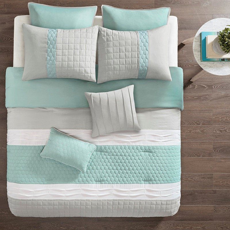 8 pièces pour grand lit / gris, microfibre douce, avec édredon plissé, lavable à la machine