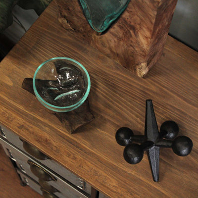 Coupe sculpturale à large ouverture en verre fondu et bois flotté de teck naturel, 14,6 cm de large