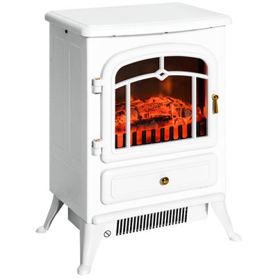 Foyer électrique 22 po, poêle autoportant avec flammes et bûches à DEL réalistes et protection contre la surchauffe, 750 W / 1500 W, blanc