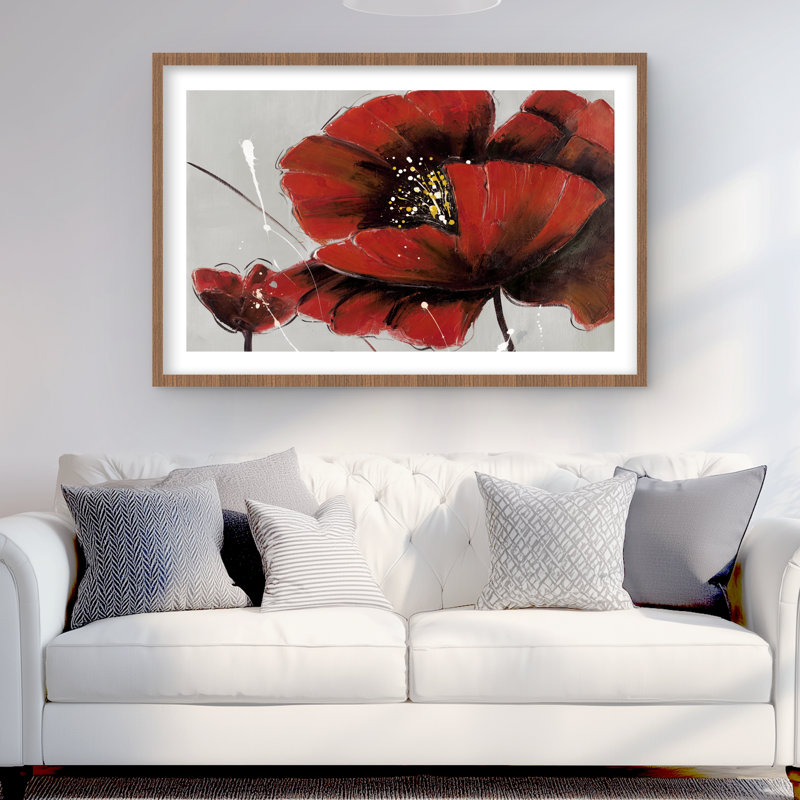 «Red Poppy Flowers Print», décor encadré botanique gris
