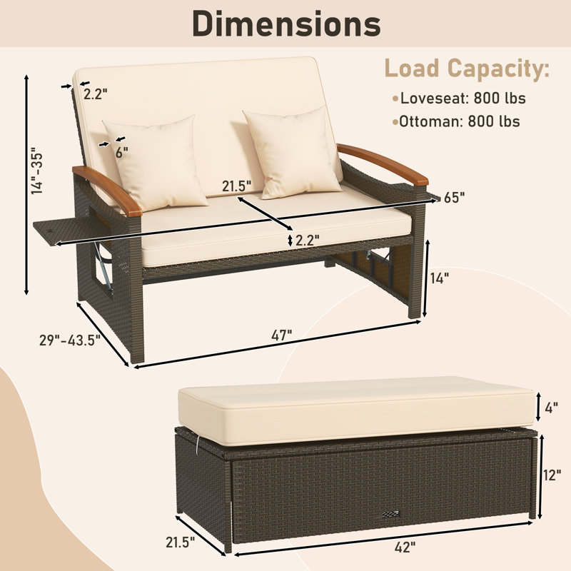 Outdoor Wicker Daybed With Folding Panels & Storage Ottoman, Beige, Brown