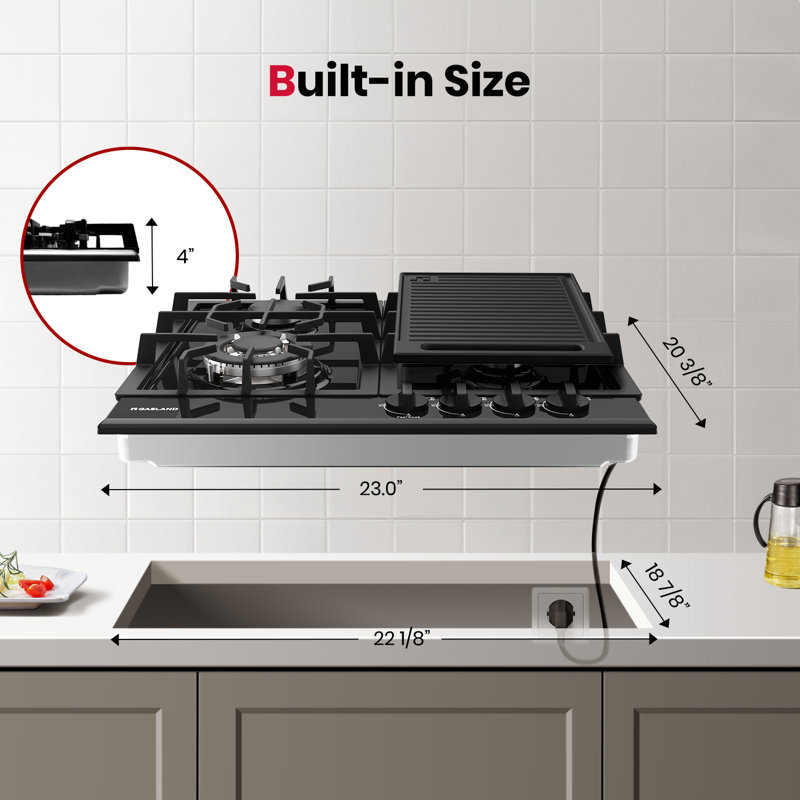 Plaque de cuisson au gaz à 4 brûleurs de 24 po en émail noir avec plaque chauffante, convertible au gaz naturel liquéfié / GPL, certifiée ETL
