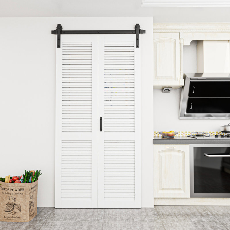 Porte de grange pliante 84 po en bois manufacturé apprêté avec ensemble de quincaillerie d'installation, 40 po x 84 po