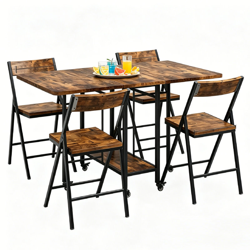 Ensemble de table de salle à manger pliante 5 pièces peu encombrante pour table de cuisine à 4 abattants avec 4 chaises pliantes, tablette de rangement, roues verrouillables, structure en acier robuste et compacte - idéale pour les petites salles à manger