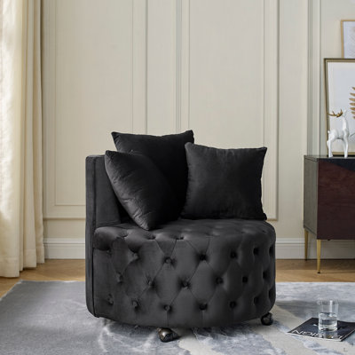 Velvet Upholstered Swivel Chair For Living Room, With Button Tufted Design And Movable Wheels, Including 3 Pillows