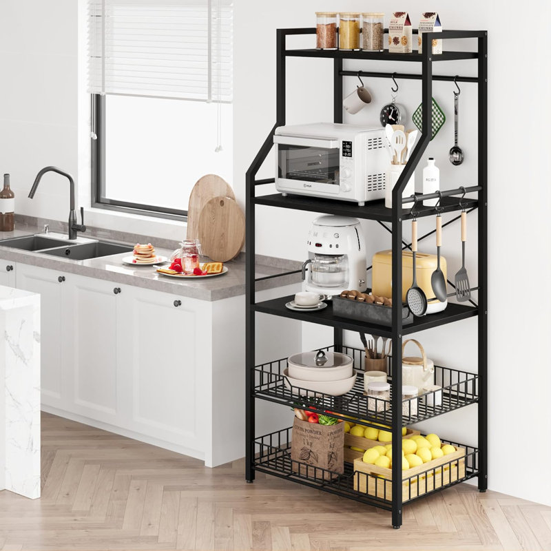 Support de four à micro-ondes avec 2 grands paniers grillagés, Noir, noir, noir, noir, 57.4" H x 23.6" W x 15.7" D
