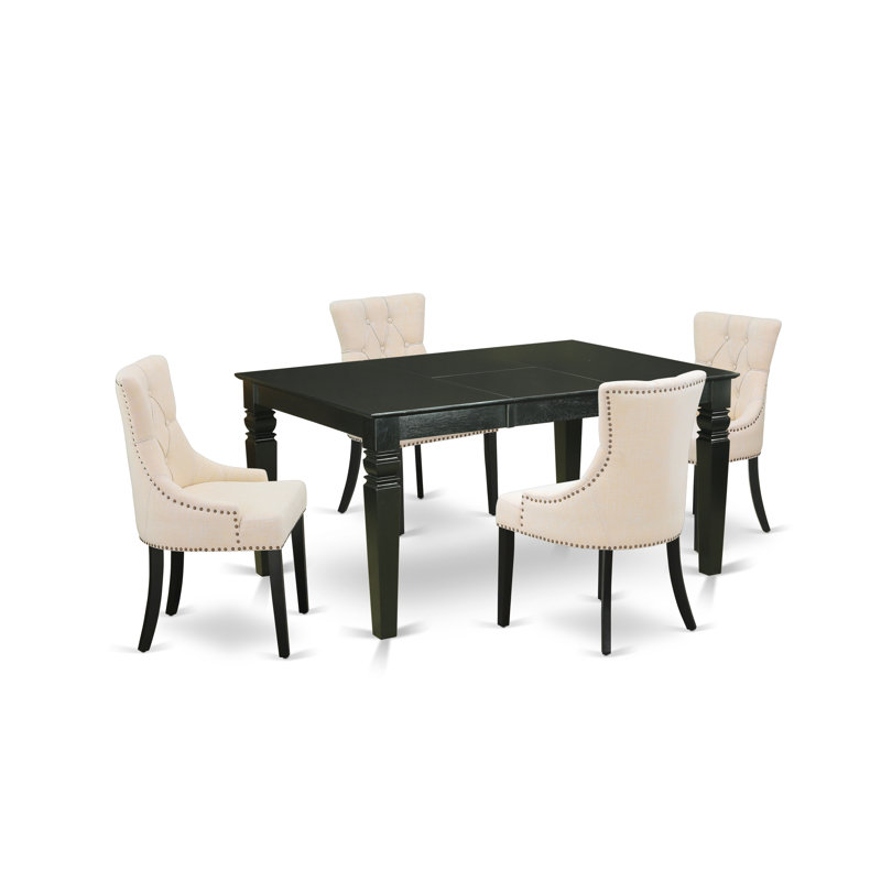 L'ensemble de table de cuisine 5 pièces pour 4 personnes comprend une table de salle à manger rectangulaire avec feuille papillon et 4 chaises Parson en tissu de lin beige clair, noir