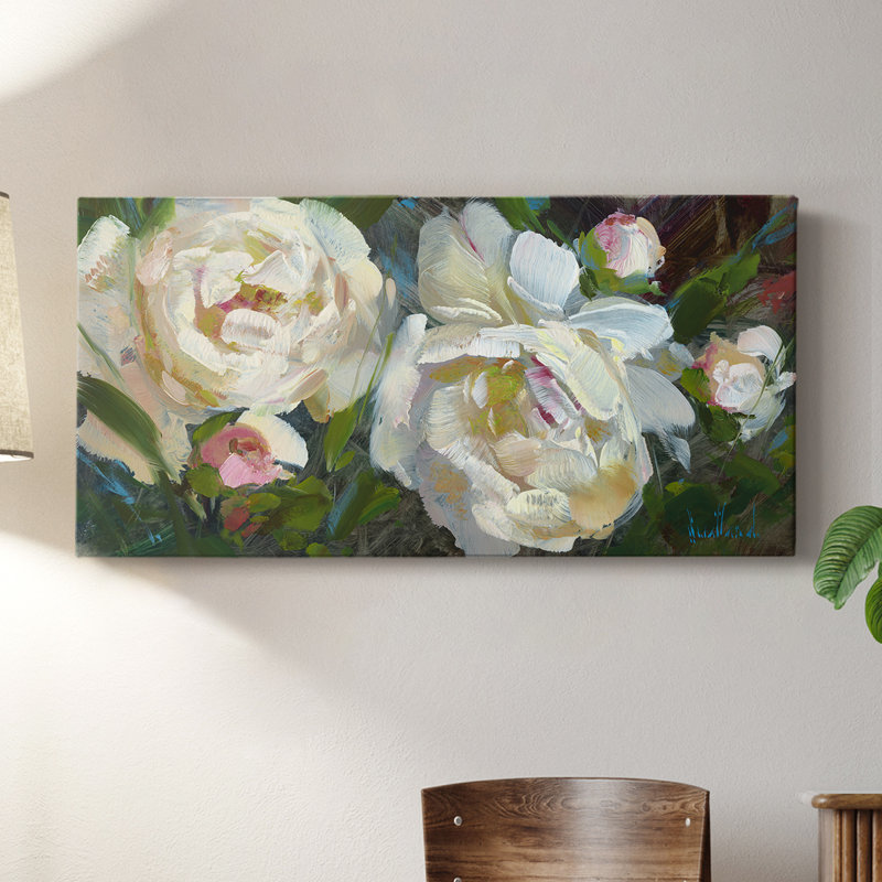 Duo de pivoines jardin - Toile tendue avec châssis - Prêt à être accroché, H 20 po x l 40 po