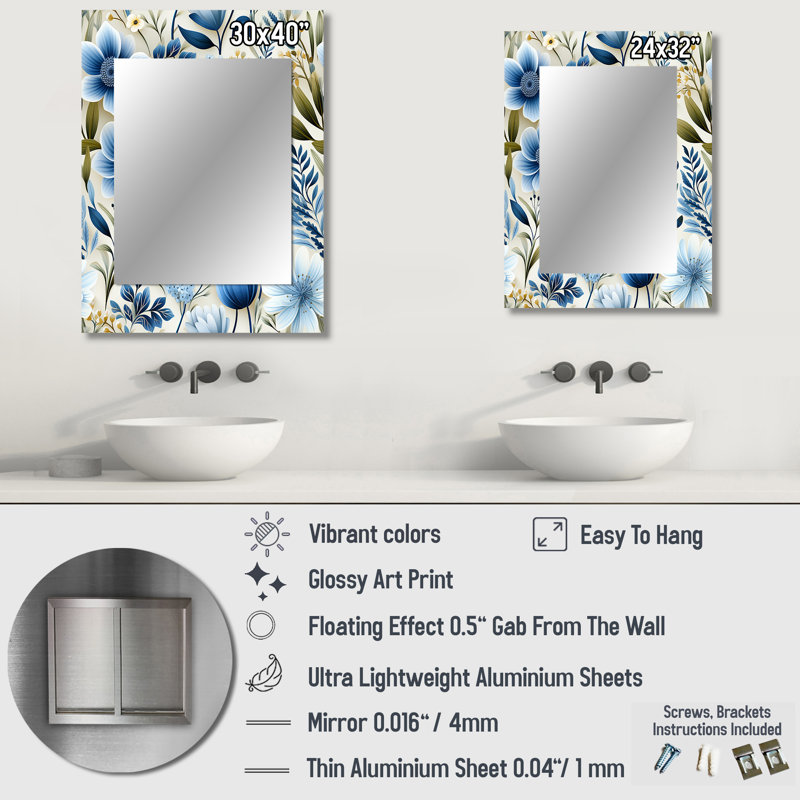 Charquita White And Blue Ranunculus Fauna Pattern - Floral Decorative Wall Mirror, Cottage Mirror, Printed Metal Art