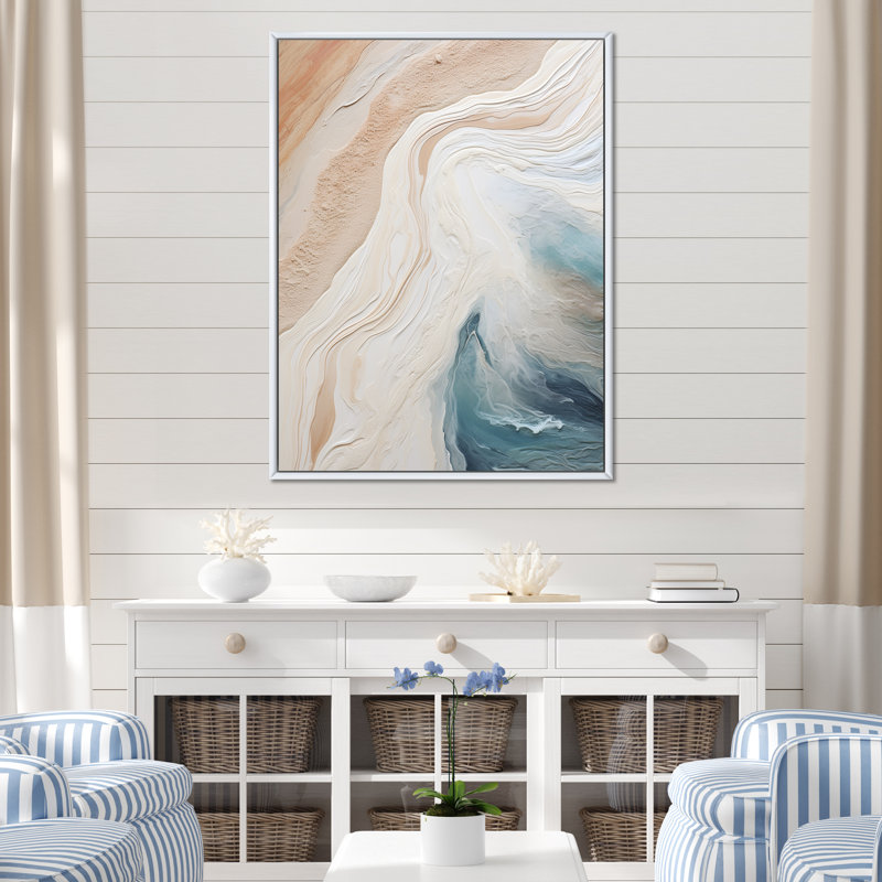 «Modern Modern Blue and Beige Sand», vue aérienne sur toile, H 20 po x l 12 po x P 1 po, Cadre flottant blanc