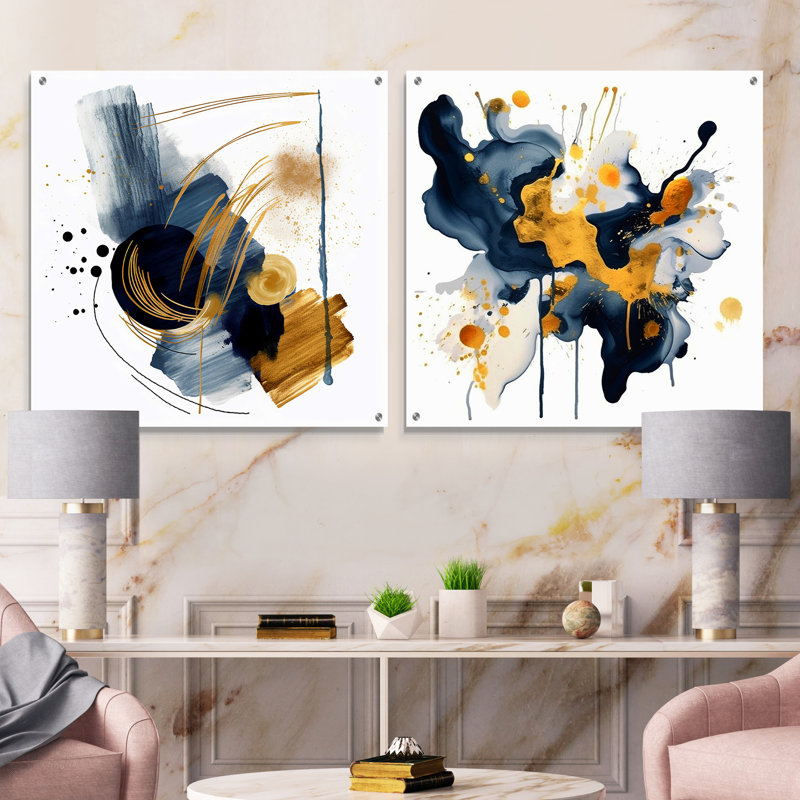 Teal Adn Gold Elegance III - ensemble de 2 peintures murales abstraites en acrylique, H 16 po x l 33 po