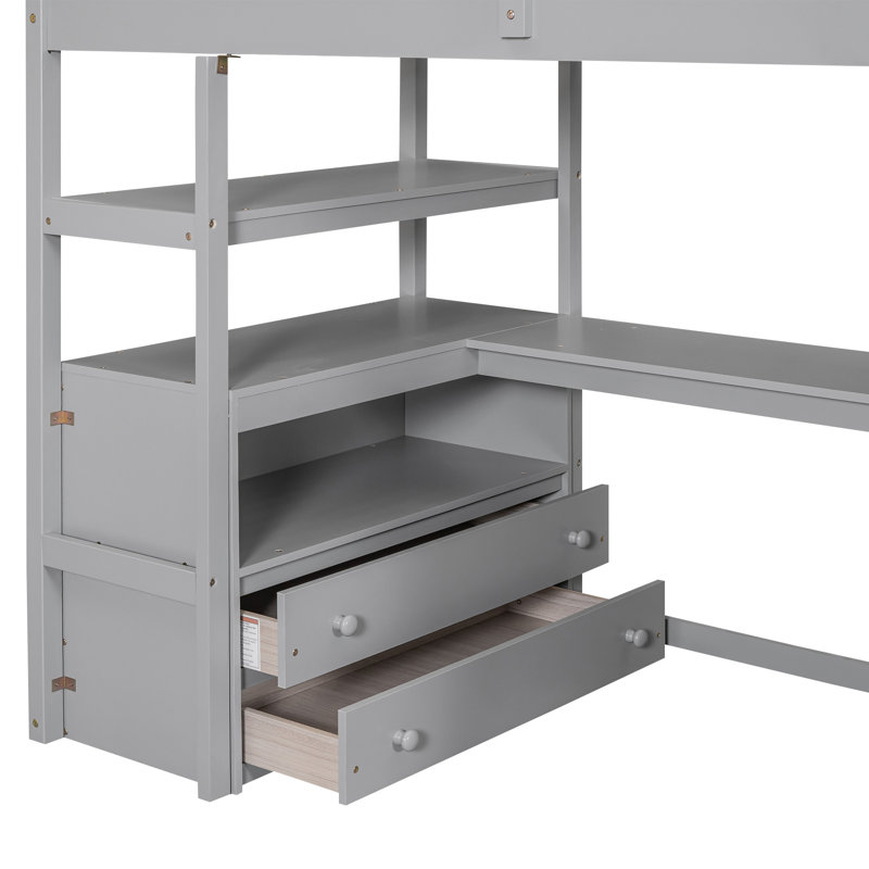 Lit mezzanine avec bureau et tablettes, gris, Simple