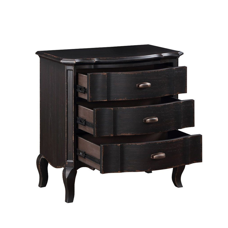 Table de chevet 3 tiroirs en bois noir antique