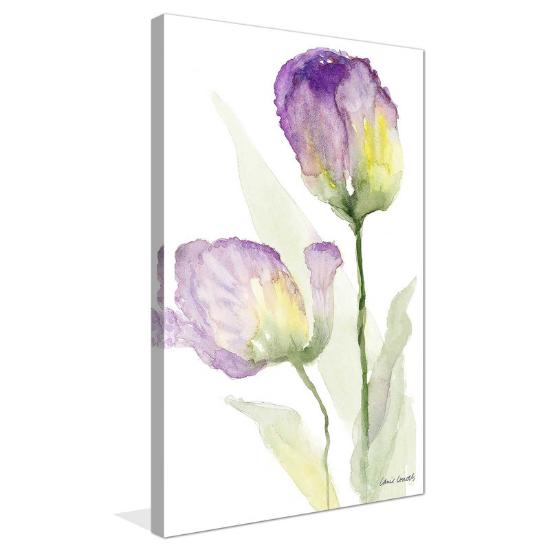 «Teal and Lavender Tulips II», reproduction de peinture à l'aquarelle, H 48 po x l 28 po x P 1,5 po, Toile tendue