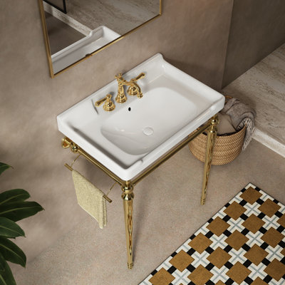 Meuble-lavabo mural de 28 po, lavabo en céramique blanche, 3 trous de robinet, couleur or, pieds et barre à serviettes en acier inoxydable, haute performance, égratignure, nettoyage facile, sans lavabo, pré-percé
