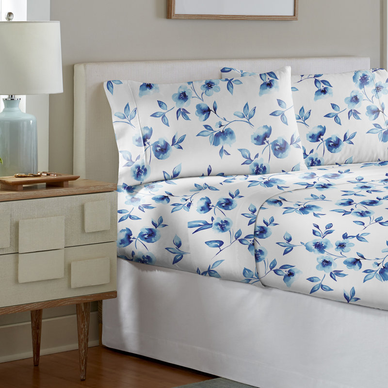 Ensemble de draps en percale de coton 4 pièces Pointehaven, Pétales d'eau - blanc, Ensemble de draps pour très grand lit