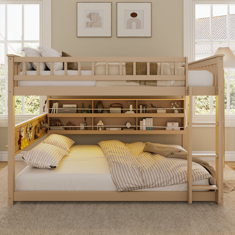 Full over Full Bunk Bed with Integrated Shelving, Color-Changing Lights and Pegboard, Beige, Beige