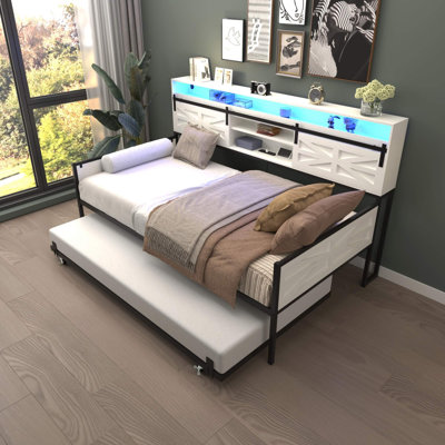 Twin Farmhouse Daybed With Trundle, Sliding Barn Door Headboard, Charging Station & LED Lights