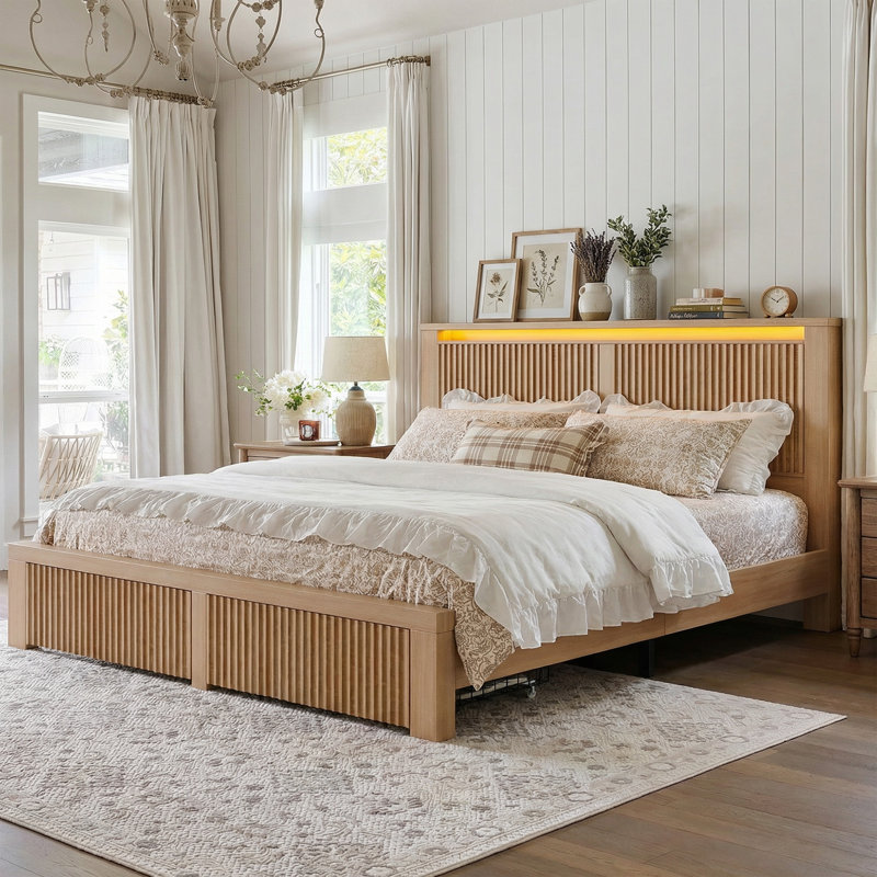 Fluted Panel Platform Bed with LED Headboard, Storage Drawers & USB Charging,No Box Spring Needed,King/Oak, King, Oak