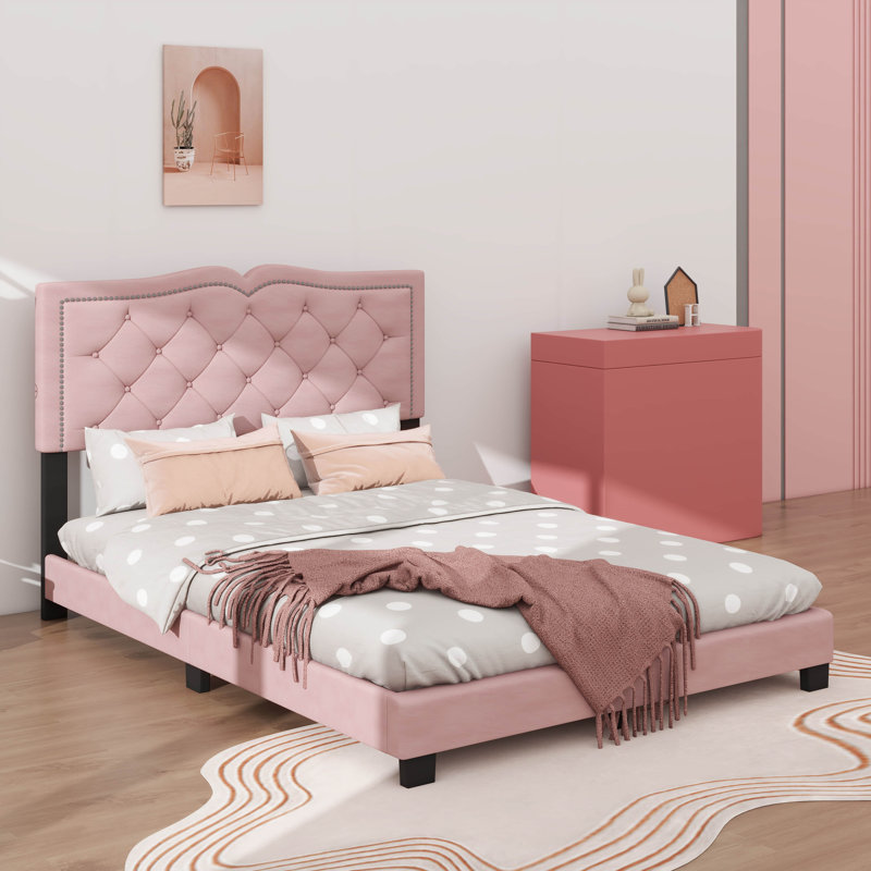 Luxurious Queen-Sized Upholstered Bed Frame, Pink