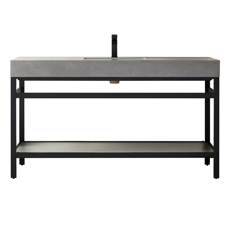 60'' Single Bathroom Vanity with Stone Top, Limestone Slab Stone, Matte Black, Matte Black