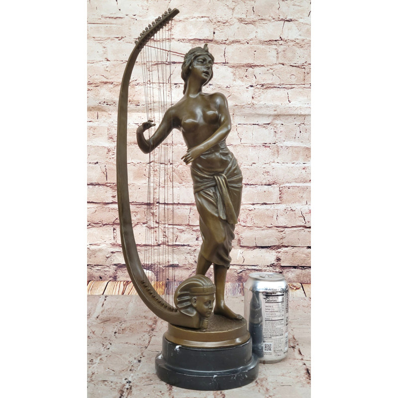 Figurine de sculpture signée Coudray, statue de bronze égyptienne jouant de la harpe