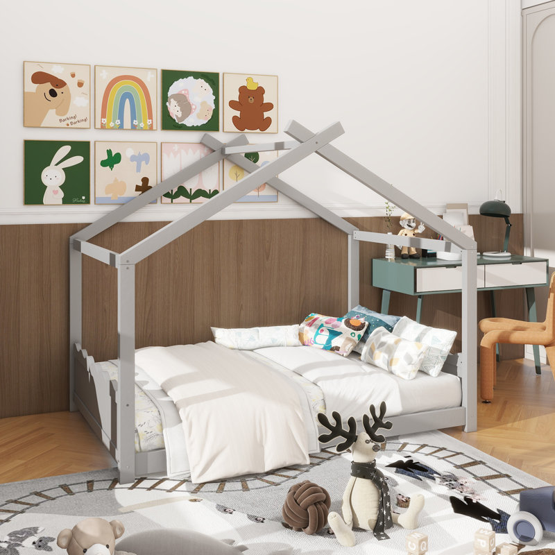 Lit double sur pied avec lattes de soutien, cadre de lit en bois massif pour enfants, sans sommier ni structure d'ouverture, gris