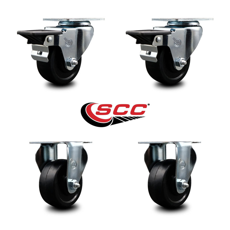 3 Inch Soft Rubber Wheel Swivel Top Plate Caster Set with 2 Posi Brakes 2 Rigid|SCC-20S314-SRS-PLB-2-R-2