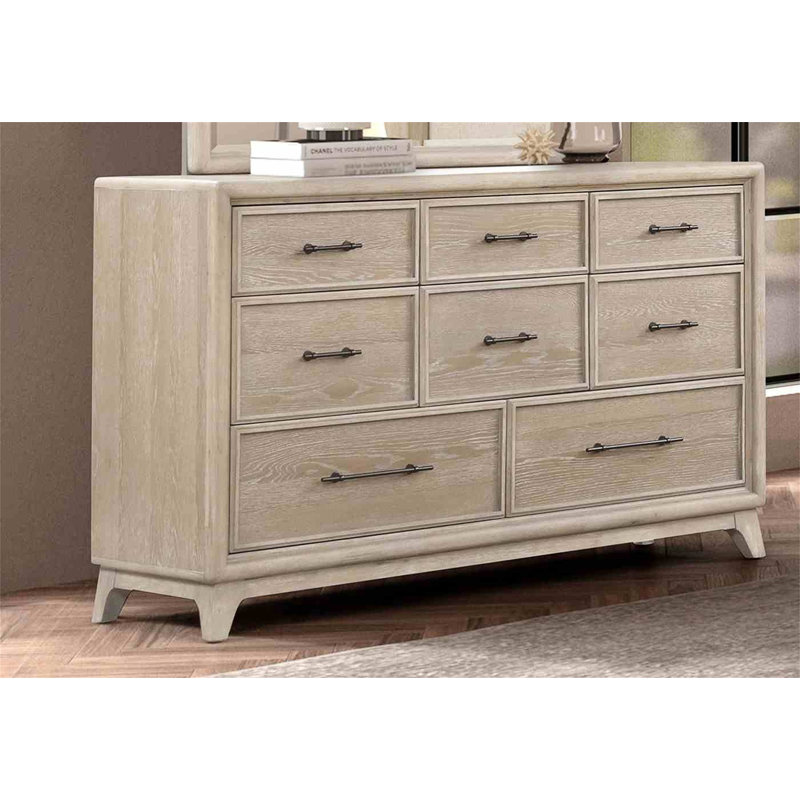 Commode à huit tiroirs en chêne d'hévéa massif 1 pièce avec rangement élégant et contemporain (comprend la commode seulement et non le miroir)