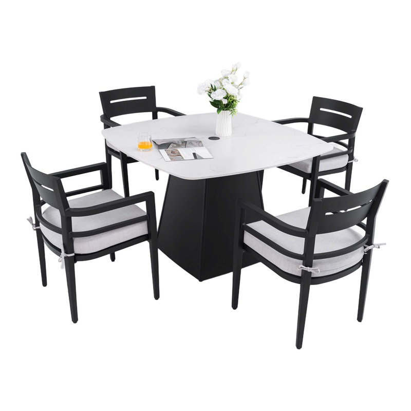 5-Piece Outdoor Pedestal Dining Set, 44" Rounded Square Sintered Stone Table With Flared Base, 4 Armchairs, Sunbrella Cushions, Rust-Free Aluminum & Weather-Resistant For Patio & Deck