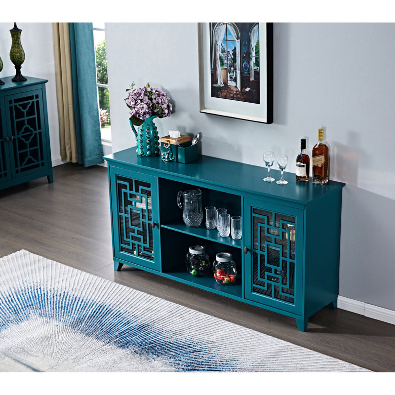 Buffet de 60 po, tablettes réglables, pieds en bois massif, table de décoration bleu sarcelle avec savoir-faire