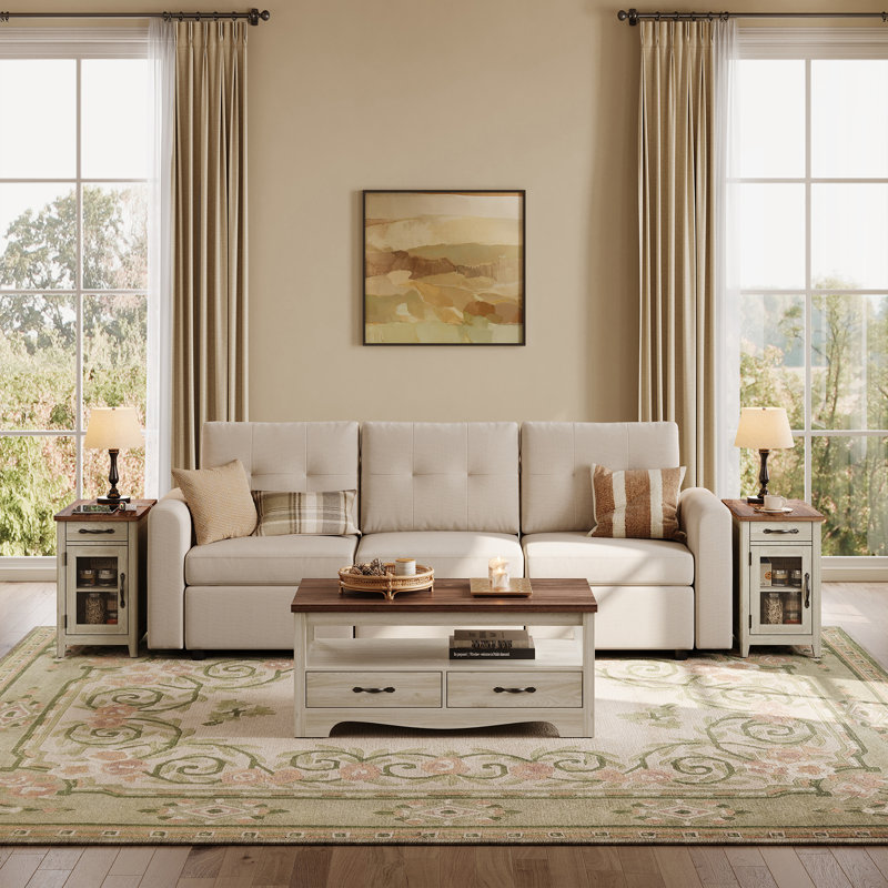Callison 3-Piece Farmhouse Living Room Table Set With Storage And Charging Station, Dark Brown/White