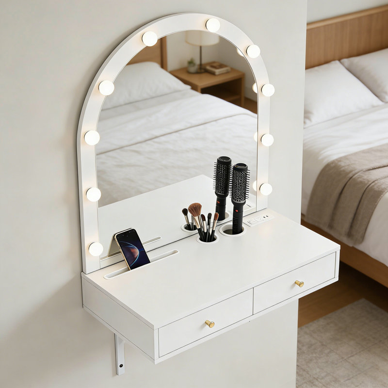 Modern Floating Makeup Vanity With Lighted Arched Mirror, Built-In Outlets & Storage Drawers, White