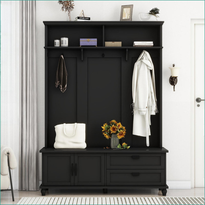 Arbre d'entrée, rangement pour vestibule noir moderne avec 5 crochets à manteau, armoire, 2 tiroirs et amp; Banc Widen | Noir | Panneau de particules