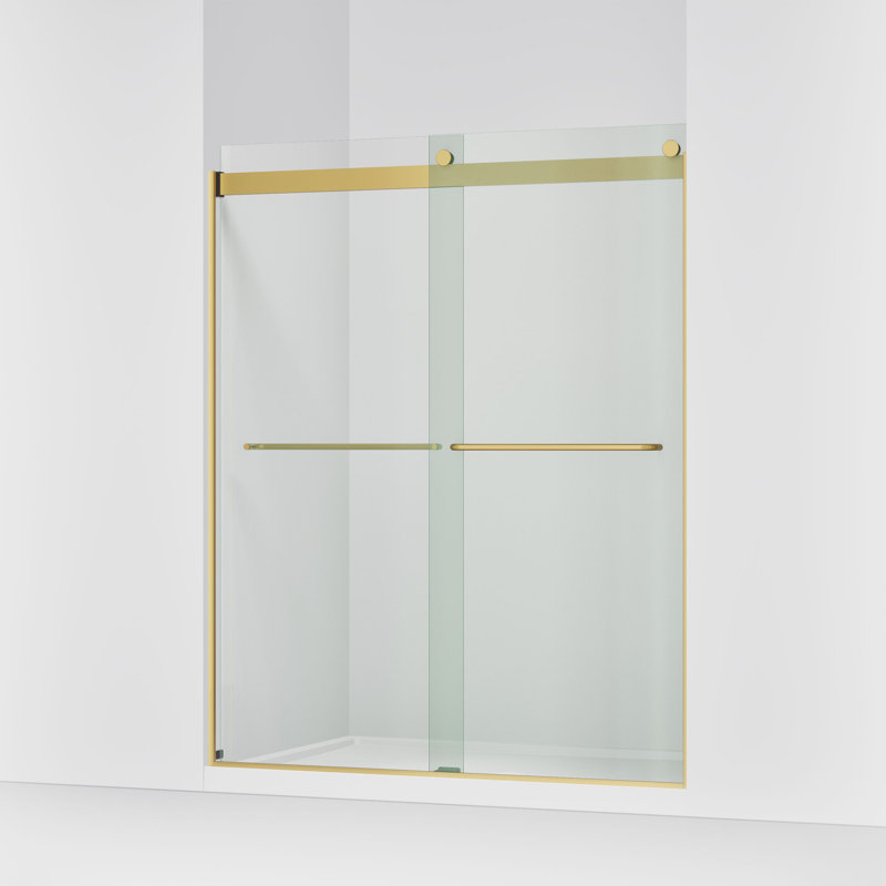 Levity 59.63" x 74" Bypass Shower Door with CleanCoat® Technology, Moderne Brass, Crystal Clear