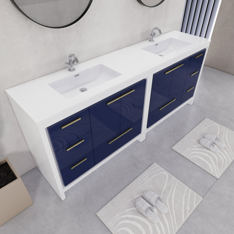 Ensemble de meuble-lavabo double 84 po 84 po, Blanc brillant / bleu