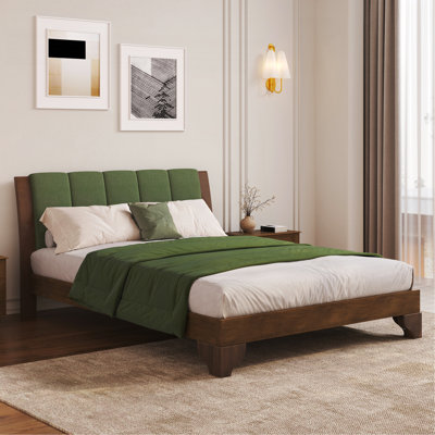 Cadre de lit grand en bois de pin de qualité supérieure, cadre de lit grand avec tête de lit inclus, lit Mid Century Modern, couleur noyer et vert