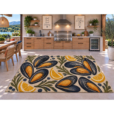 Tapis d'extérieur 5 pi x 7 pi Mussels Lemon Coastal Art