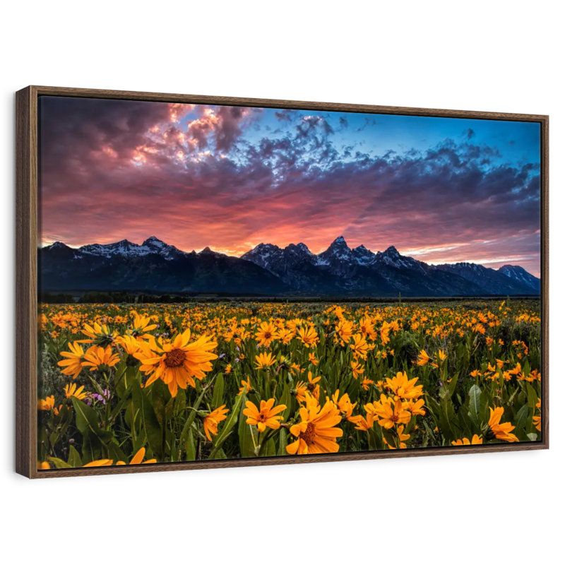 Grand Teton Wildflowers, 37 po x 25 po, Cadre flottant en noyer