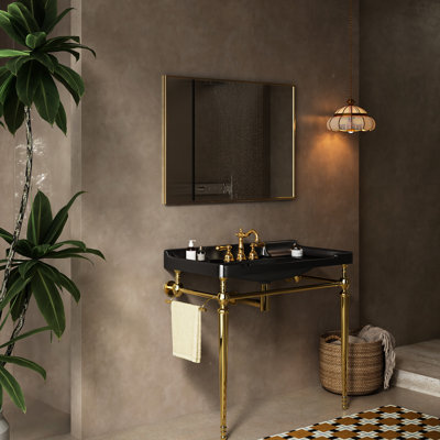 Console de lavabo de salle de bain 36 po, lavabo en céramique noire avec 3 trous de robinet, pieds autoportants en acier inoxydable et barre à serviettes, console de 36 po de qualité supérieure, robinet et rail, robustesse de finition