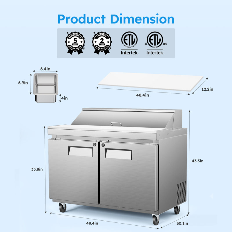 48-Inch Double-Door Commercial Food Prep Table Refrigerator – ETL Certified for Restaurant Use