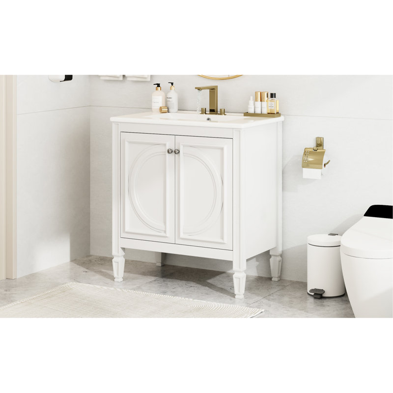 Lavabo de meuble-lavabo 30 po, allure rétro, tablette de porte blanche et tiroir fonctionnel, lavabo en céramique, bois massif