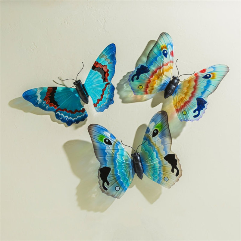 Ensemble de 3 décorations murales papillon en verre, Bleu
