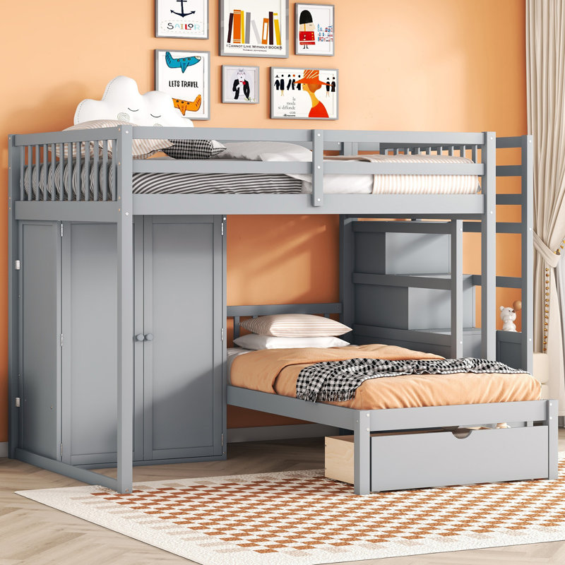 Lit superposé double au-dessus de simple avec garde-robe et tiroirs, Gris