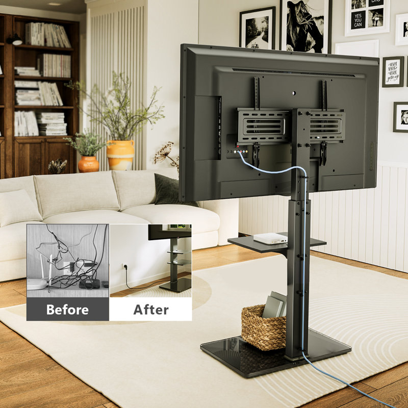 Abbing Square Universal Swivel Floor TV Stand TV Mount with Glass Base for 32 to 65 Inch Screens, Height Adjustment and Holds up to 88Lbs