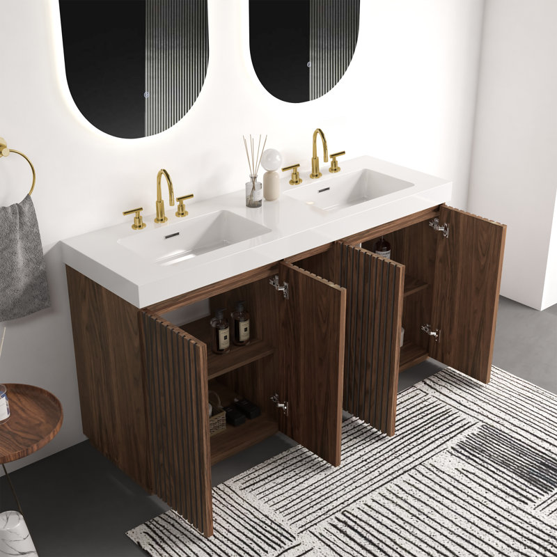 Meuble-lavabo autoportant Ilvaris, Walnut Brown, Blanc
