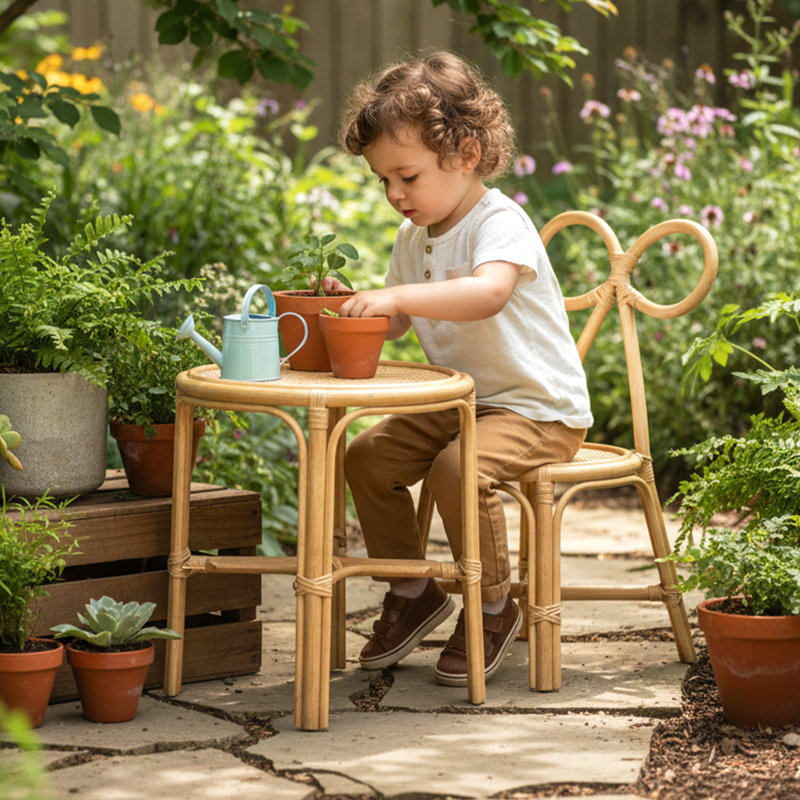 Rattan Kids Table Sets With Backrest For Playroom/Kids Room/Bedroom, Table, Chair